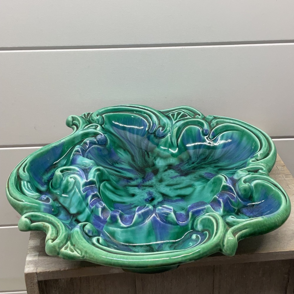 Vintage California Originals 982 Green Blue Drip Glaze Ceramic Ashtray USA MCM